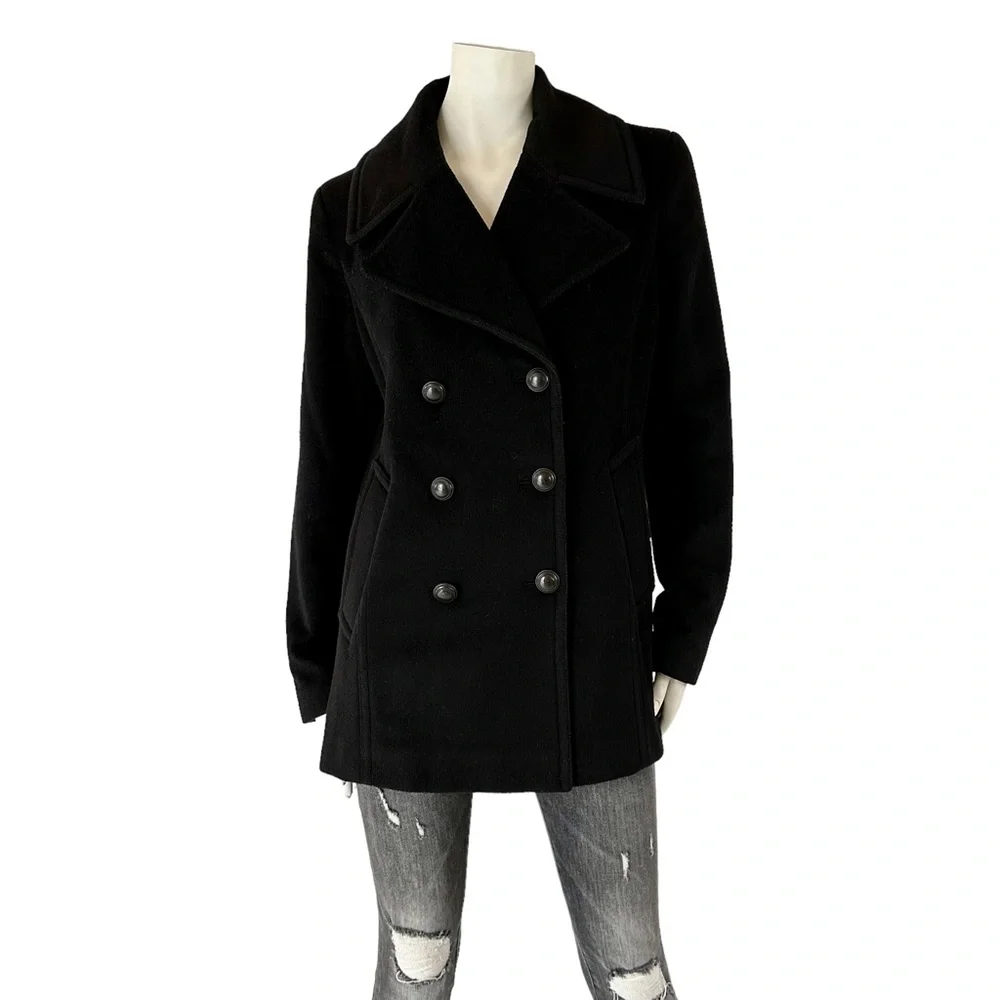 Stunning Karl Lagerfeld Black Double Breasted Wool Cashmere Pea Coat Jacket - Picture 2 of 11